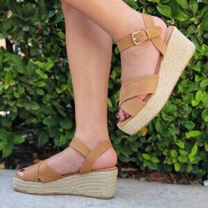 Camel Ankle Strap Black Wedge Espadrille